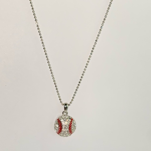 Clear Crystal Baseball Pendant on Silvertone Ball Chain Necklace - Picture 2 of 10
